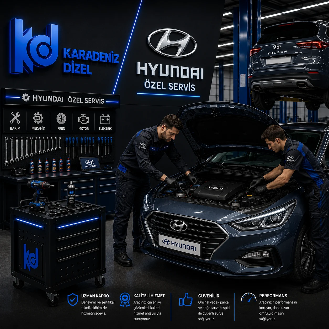 Karadeniz Dizel Oto Servis teknisyeni Hyundai araca müdahale ederken
